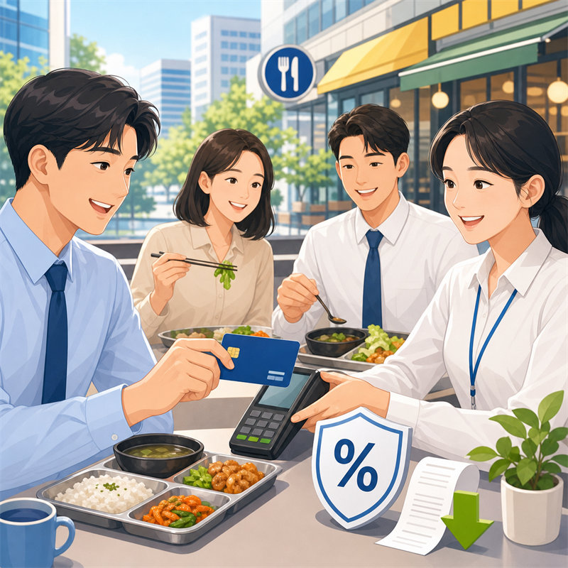 직장인 점심 식사비 지원과 할인 혜택을 표현한 일러스트